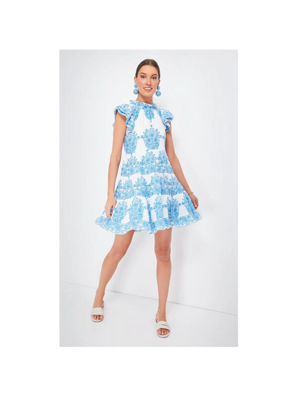Tuckernuck Sail to Sable Painted Blue White Block Print Ruffle Neck Swing Dress